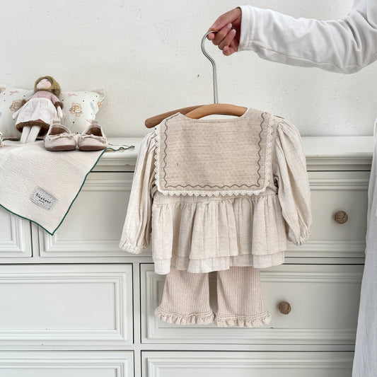 Cotton Baby Set for Toddlers Spring and Summer New Arrival, Comfortable Ruffled Knit Cardigan with Flared Pants, Two-Piece Outfit