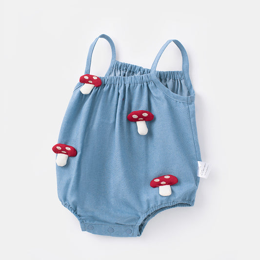 Summer Baby Girl Romper with Straps, Mushroom Design, A-Class, One-Piece Outfit