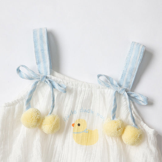 Cute Duck Baby Girl Summer Outfit Set, Separated Two-Piece Set with Sleeveless Top and Shorts, Infant Clothing for Girls