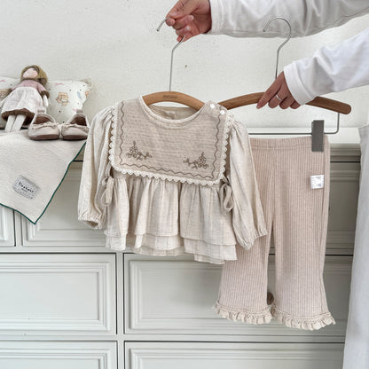 Cotton Baby Set for Toddlers Spring and Summer New Arrival, Comfortable Ruffled Knit Cardigan with Flared Pants, Two-Piece Outfit