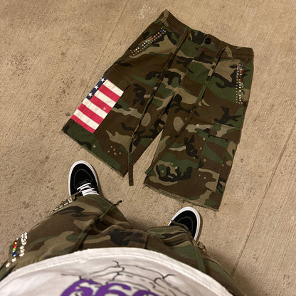 Americana Camo Pleated Rhinestone Shorts