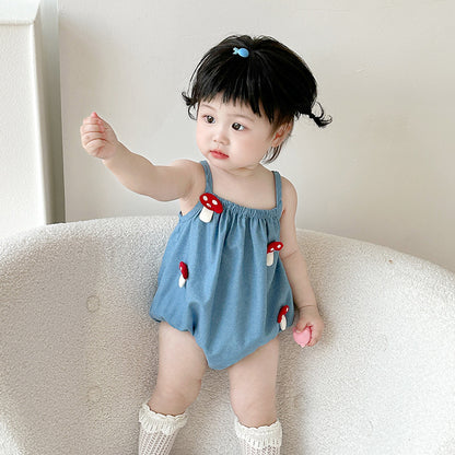 Summer Baby Girl Romper with Straps, Mushroom Design, A-Class, One-Piece Outfit