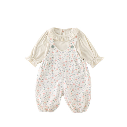 Cute Baby Girl Spring and Autumn Outfit, Adorable Overalls Set with Floral Two-Piece Set for Infants and Toddlers