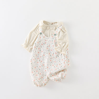Cute Baby Girl Spring and Autumn Outfit, Adorable Overalls Set with Floral Two-Piece Set for Infants and Toddlers