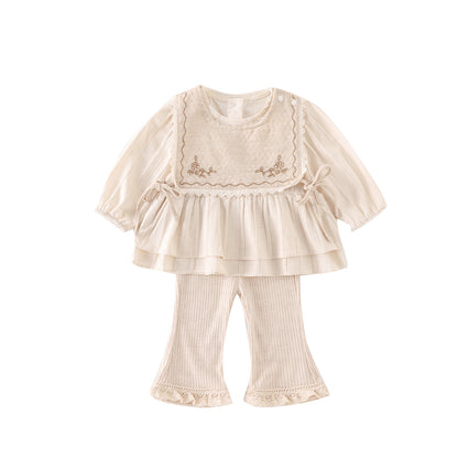 Cotton Baby Set for Toddlers Spring and Summer New Arrival, Comfortable Ruffled Knit Cardigan with Flared Pants, Two-Piece Outfit