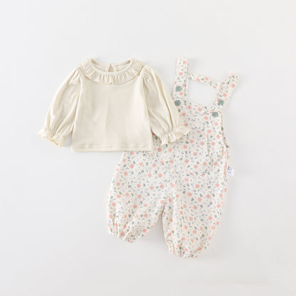 Cute Baby Girl Spring and Autumn Outfit, Adorable Overalls Set with Floral Two-Piece Set for Infants and Toddlers