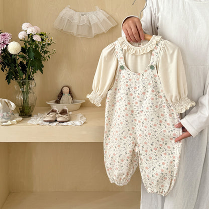 Cute Baby Girl Spring and Autumn Outfit, Adorable Overalls Set with Floral Two-Piece Set for Infants and Toddlers