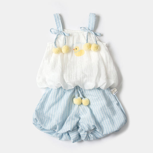 Cute Duck Baby Girl Summer Outfit Set, Separated Two-Piece Set with Sleeveless Top and Shorts, Infant Clothing for Girls