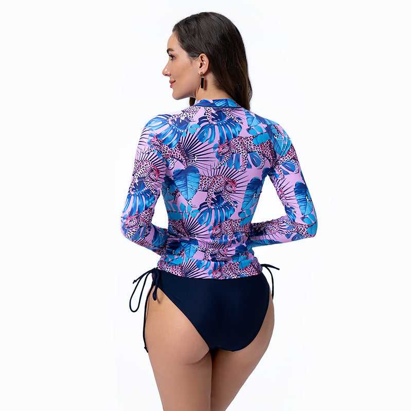 Printed Long Sleeve Zip-Up Separated Drawstring Top