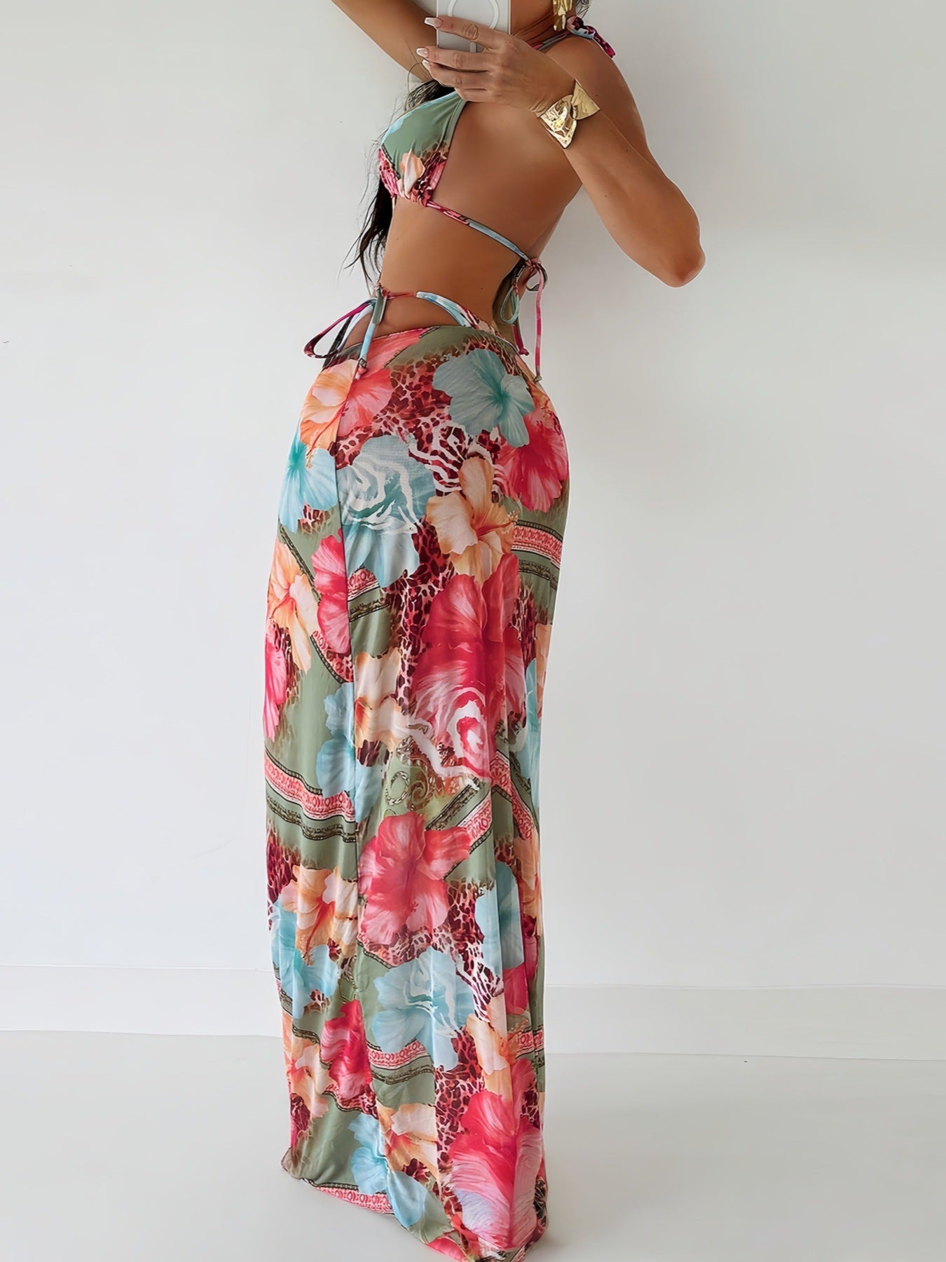 Three-piece Separated Swimsuit with Print, Tie-up Beach Long Dress Swimwear