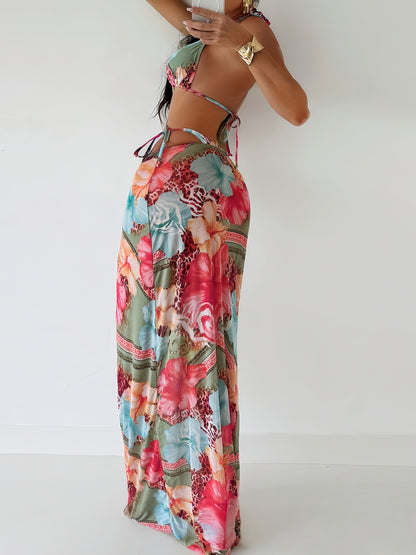 Three-piece Separated Swimsuit with Print, Tie-up Beach Long Dress Swimwear