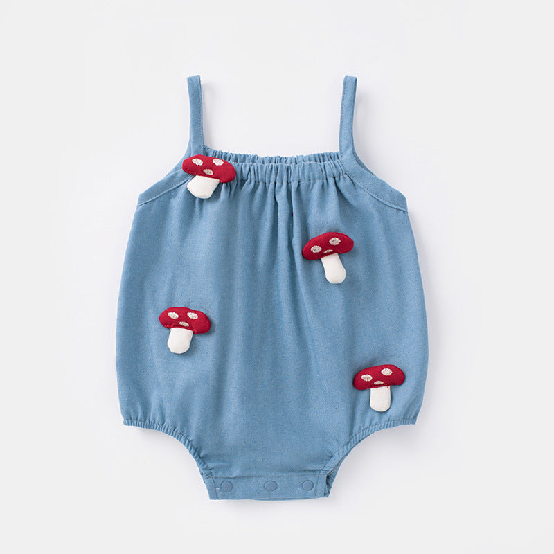 Summer Baby Girl Romper with Straps, Mushroom Design, A-Class, One-Piece Outfit