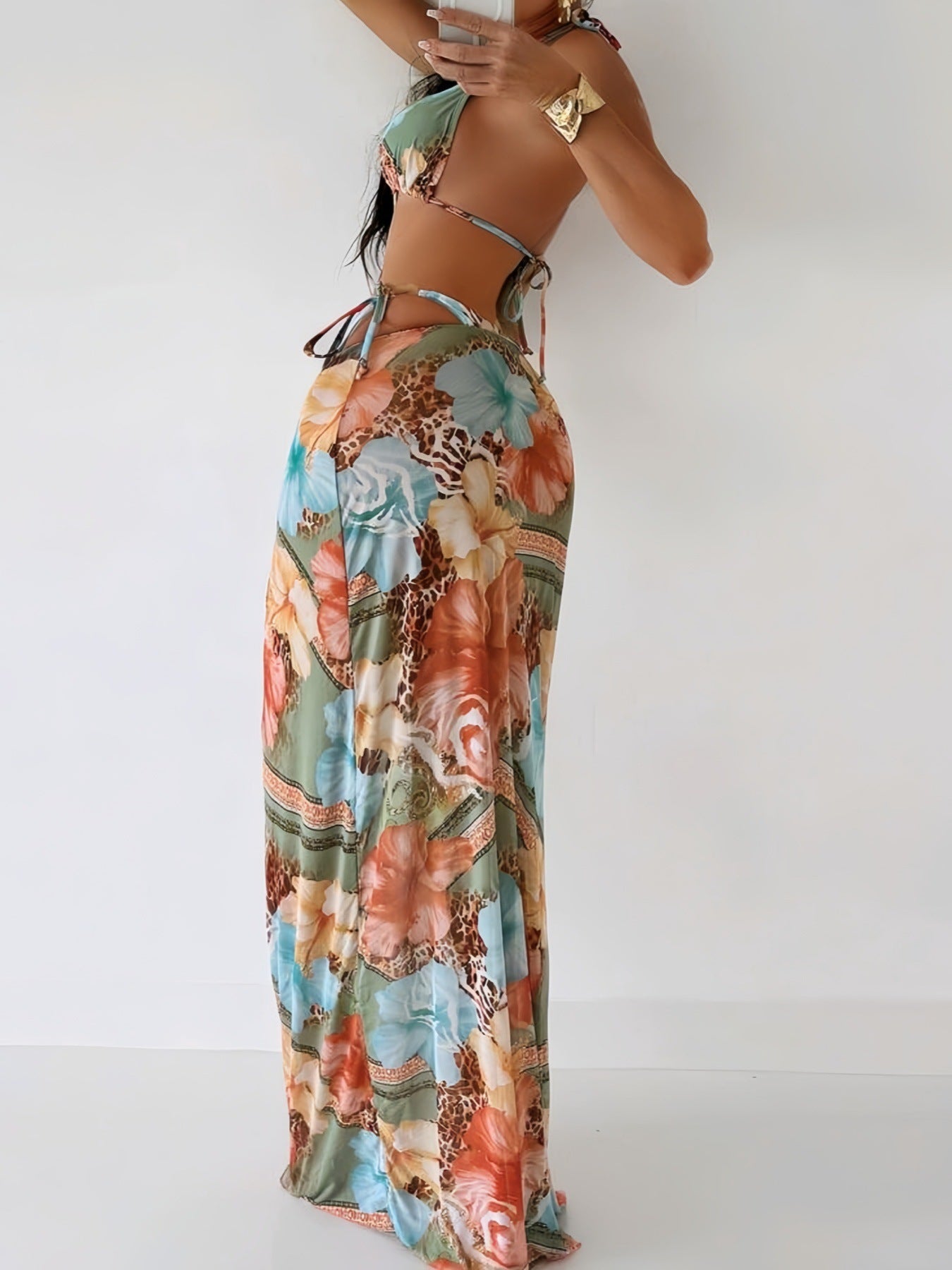 Three-piece Separated Swimsuit with Print, Tie-up Beach Long Dress Swimwear