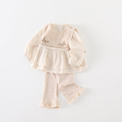 Cotton Baby Set for Toddlers Spring and Summer New Arrival, Comfortable Ruffled Knit Cardigan with Flared Pants, Two-Piece Outfit