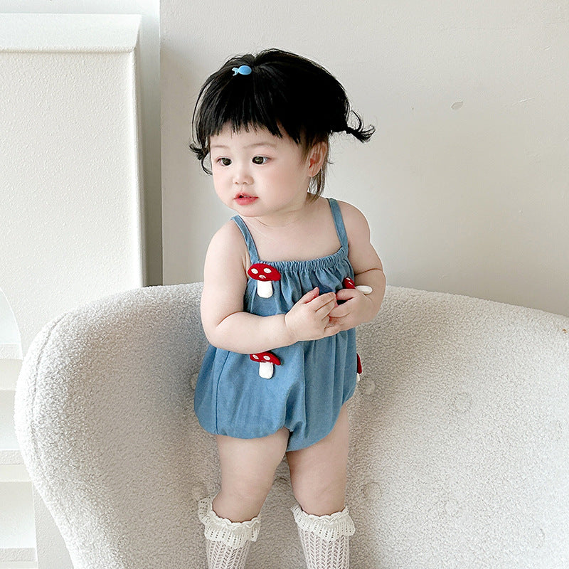 Summer Baby Girl Romper with Straps, Mushroom Design, A-Class, One-Piece Outfit
