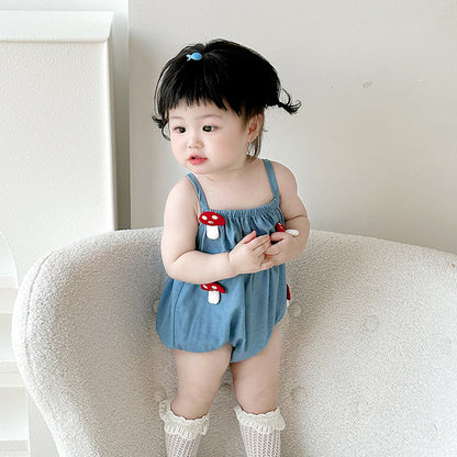 Summer Baby Girl Romper with Straps, Mushroom Design, A-Class, One-Piece Outfit