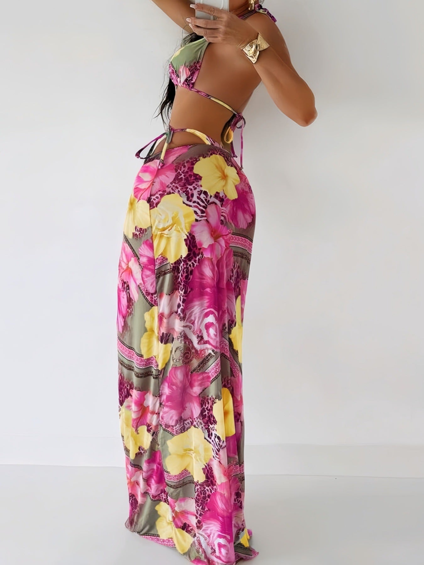 Three-piece Separated Swimsuit with Print, Tie-up Beach Long Dress Swimwear