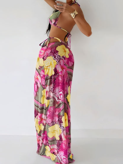 Three-piece Separated Swimsuit with Print, Tie-up Beach Long Dress Swimwear