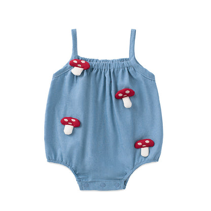 Summer Baby Girl Romper with Straps, Mushroom Design, A-Class, One-Piece Outfit