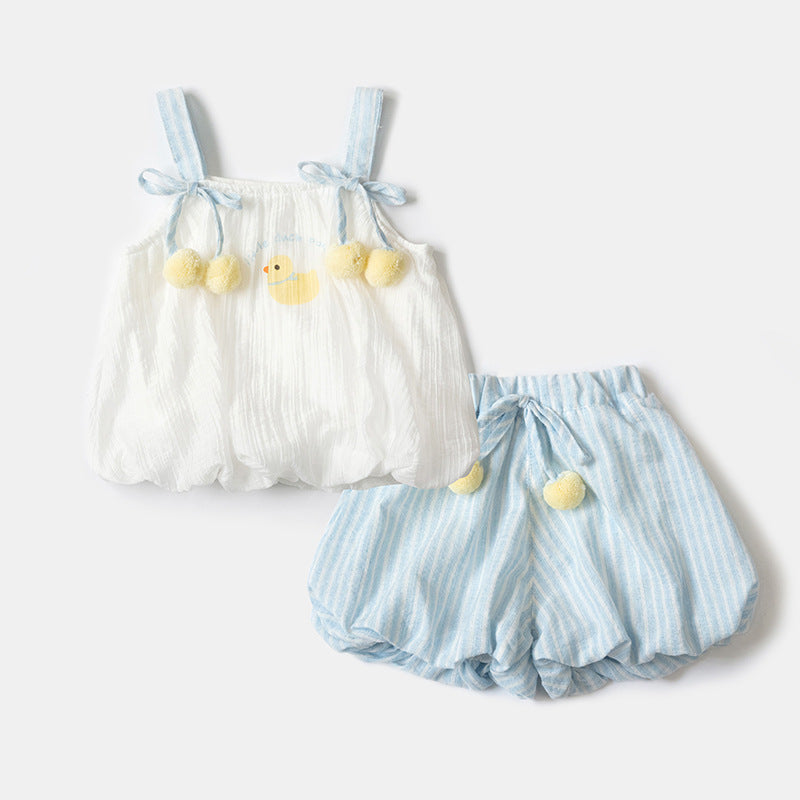 Cute Duck Baby Girl Summer Outfit Set, Separated Two-Piece Set with Sleeveless Top and Shorts, Infant Clothing for Girls