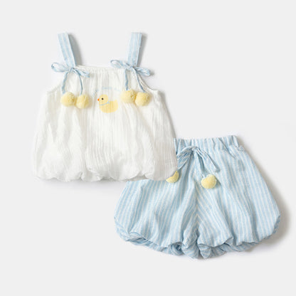 Cute Duck Baby Girl Summer Outfit Set, Separated Two-Piece Set with Sleeveless Top and Shorts, Infant Clothing for Girls