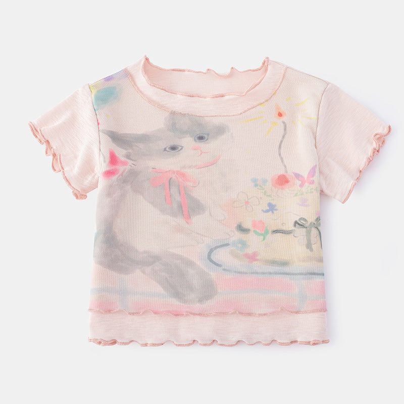 Summer Lightweight Girls' T-Shirt New Style Children's Short Sleeve Top Baby Girl Cartoon Pullover