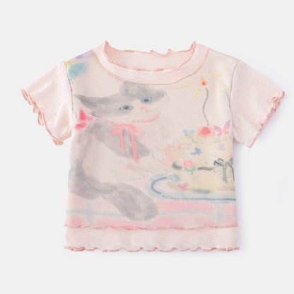 Summer Lightweight Girls' T-Shirt New Style Children's Short Sleeve Top Baby Girl Cartoon Pullover