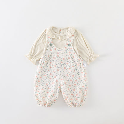 Cute Baby Girl Spring and Autumn Outfit, Adorable Overalls Set with Floral Two-Piece Set for Infants and Toddlers