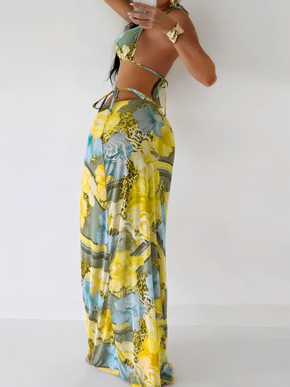Three-piece Separated Swimsuit with Print, Tie-up Beach Long Dress Swimwear