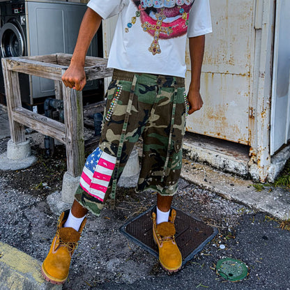 Americana Camo Pleated Rhinestone Shorts